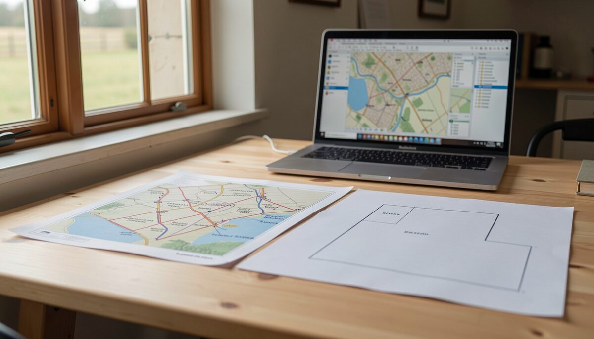 Two working maps on the same desk, one carrying every feature and one carrying only the frame. Illustrative image, generated with AI.