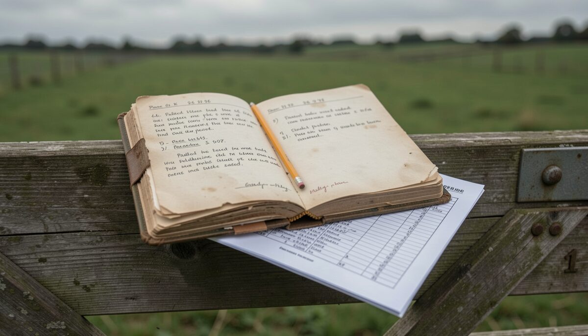 A field book and a spreadsheet extract kept together at the gate. Illustrative image, generated with AI.