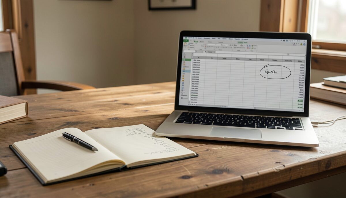 A paper stock sheet and a simple spreadsheet side by side, both showing row totals that add to the same figure. Illustrative image, generated with AI.