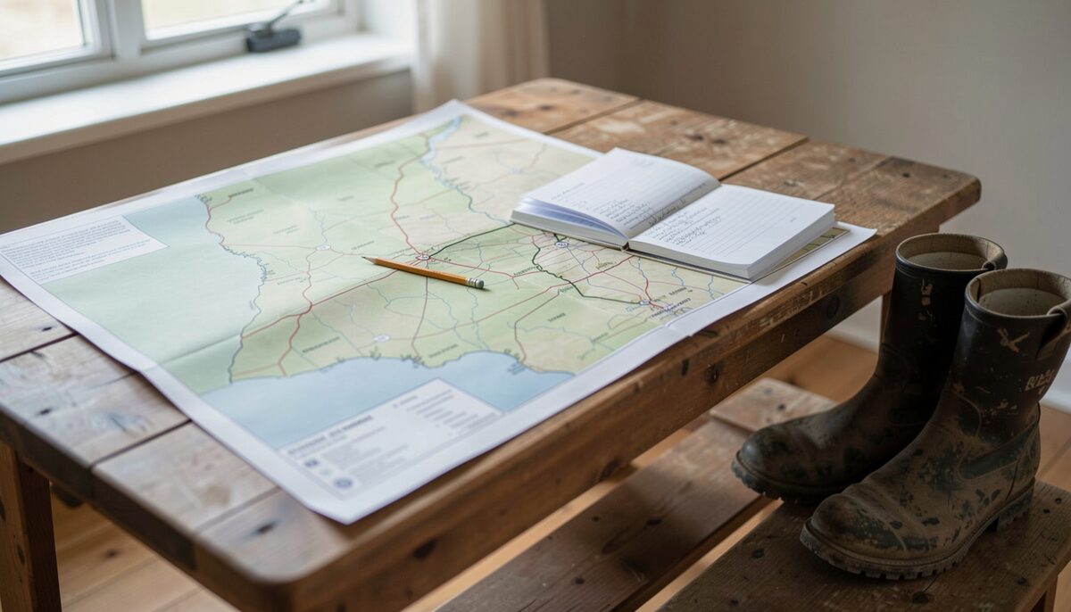 Drawing a boundary on a printed farm map, with the description written before the line is committed. Illustrative image, generated with AI.